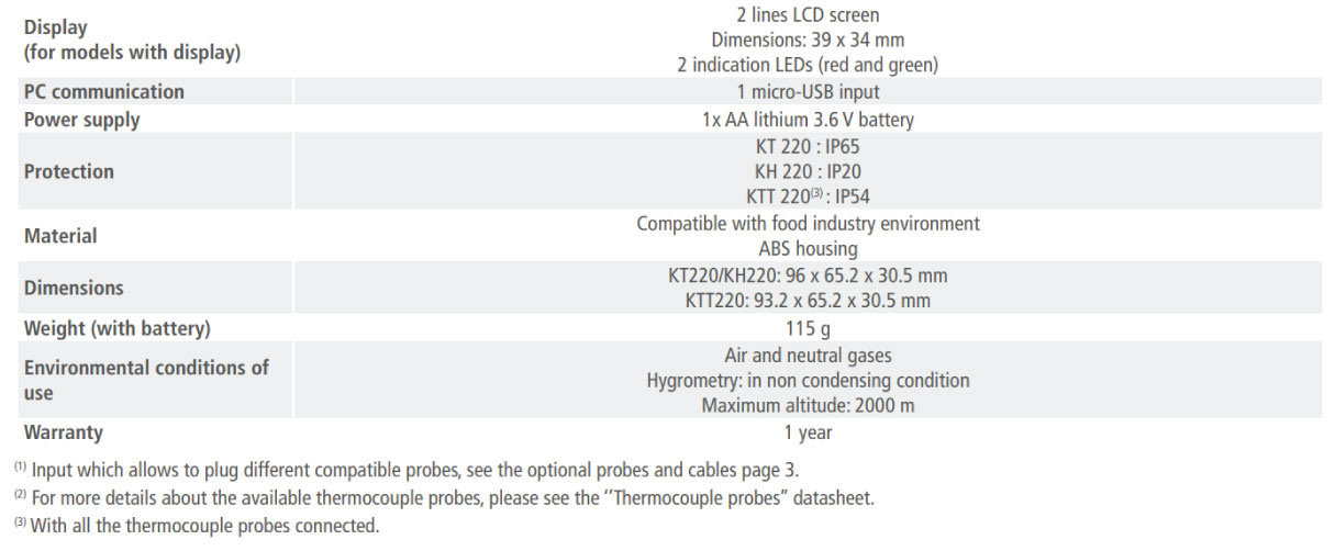 KIMO KT 220 Data Logger General Features & Specifications