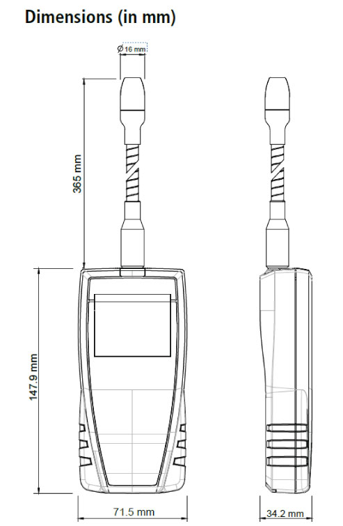 dimensions for Kimo DF 110 Refrigerant Leak Detector dimensions